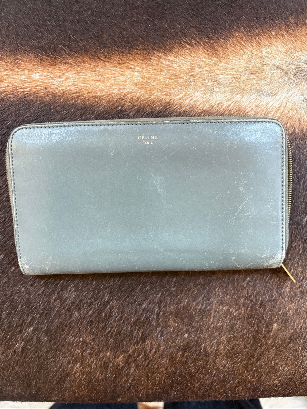 USED Céline Paris Zip-Around Leather Wallet in Olive Green